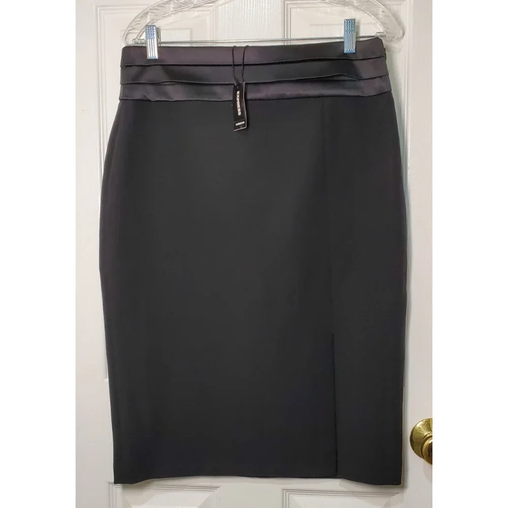 Express Women’s Black Pencil Skirt Size 12 – Satin Waistband, NWT - Picture 1 of 16